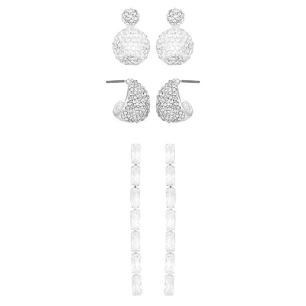 Silvertone & Glass Crystal 3-Pair Earring Set
